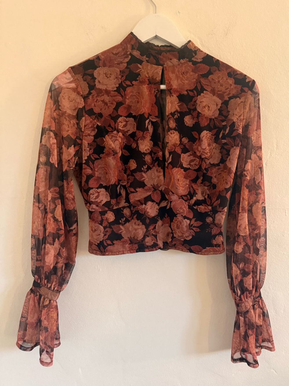 Floral Mesh Long-Sleeve Crop Top - Black & Rust